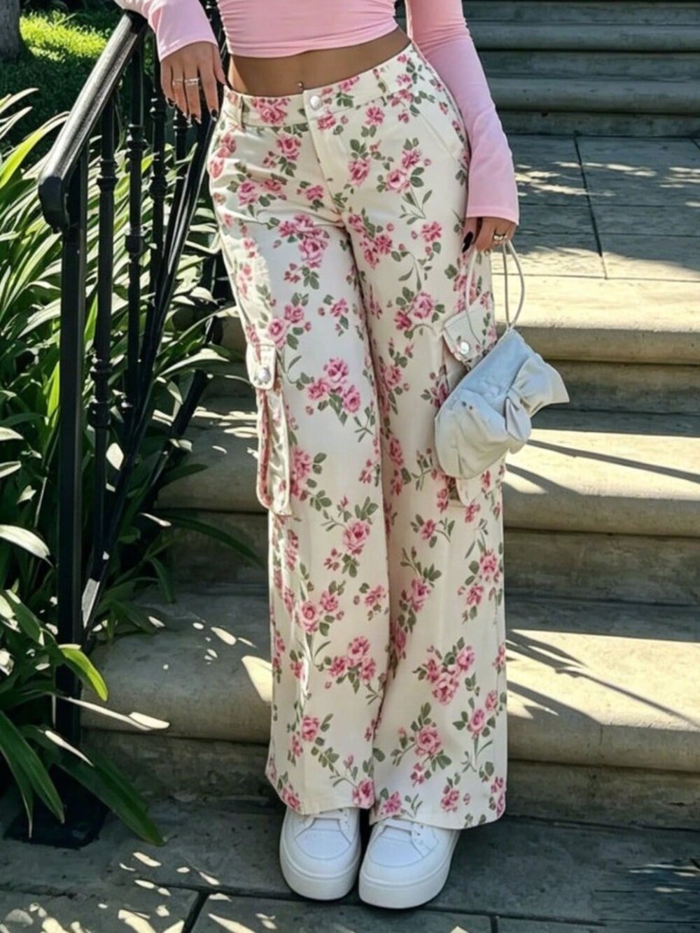 Rose Print Casual Women's Rose Floral Wide Leg Cargo Pants